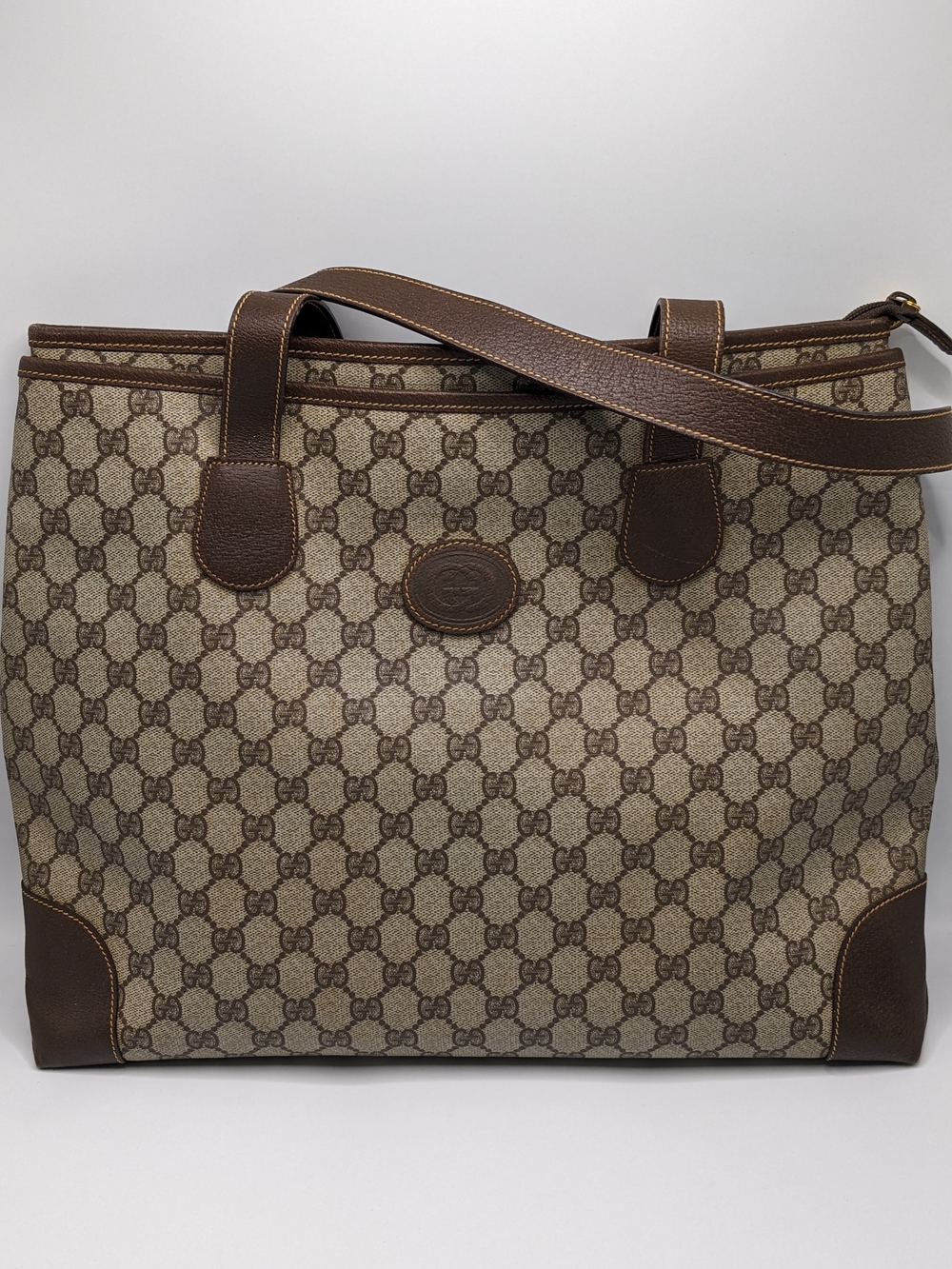 Vintage Gucci GG Monogram Large Suede Lined Tote Shoulder Bag Gold Crest